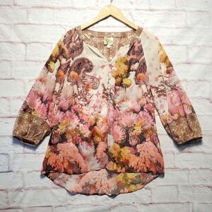 Fig & Flower Floral Paisley Boho Peasant Blouse Cottagecore Balloon Sleeve Top M